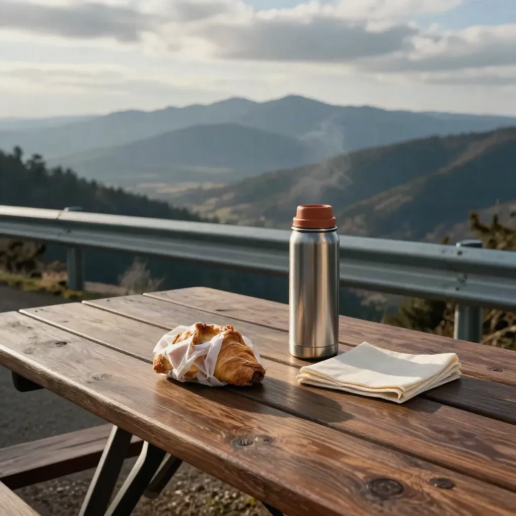Overlook picnic table with pastry, thermos, and Blue Ridge ridgeline beyond