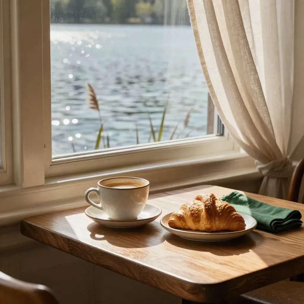 Café cup and croissant by a lakeside window with reeds and rippled water beyond