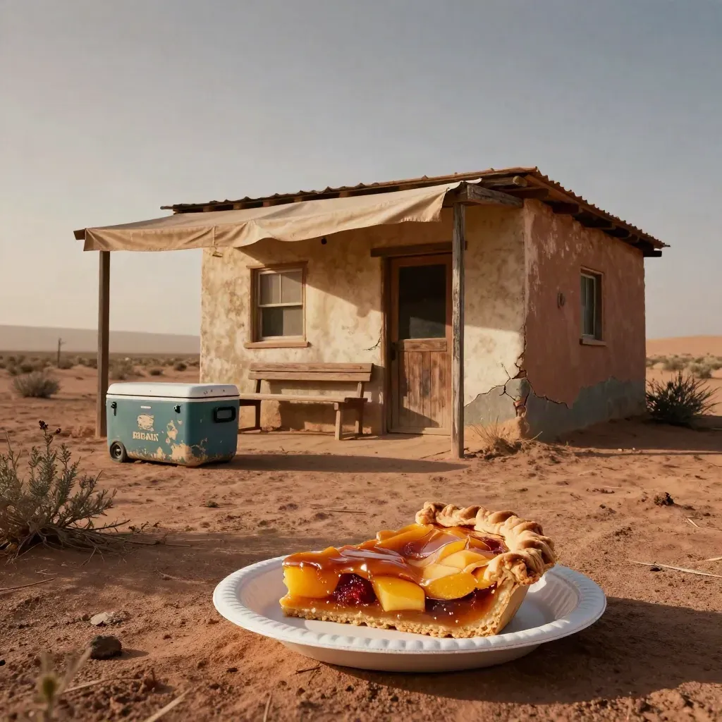 Desert pie house with cooler, bench, and peach pie in heat haze.