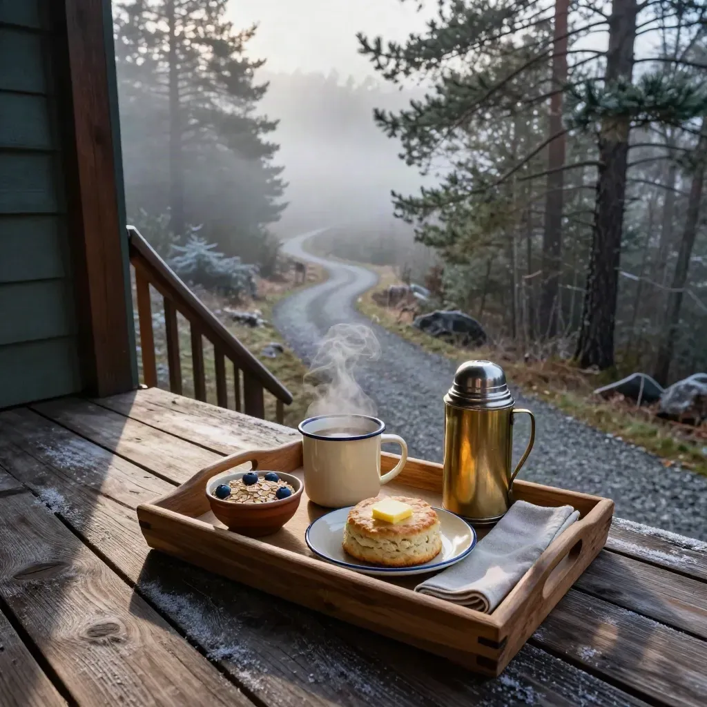 Porch breakfast tray above a foggy pine lane at dawn