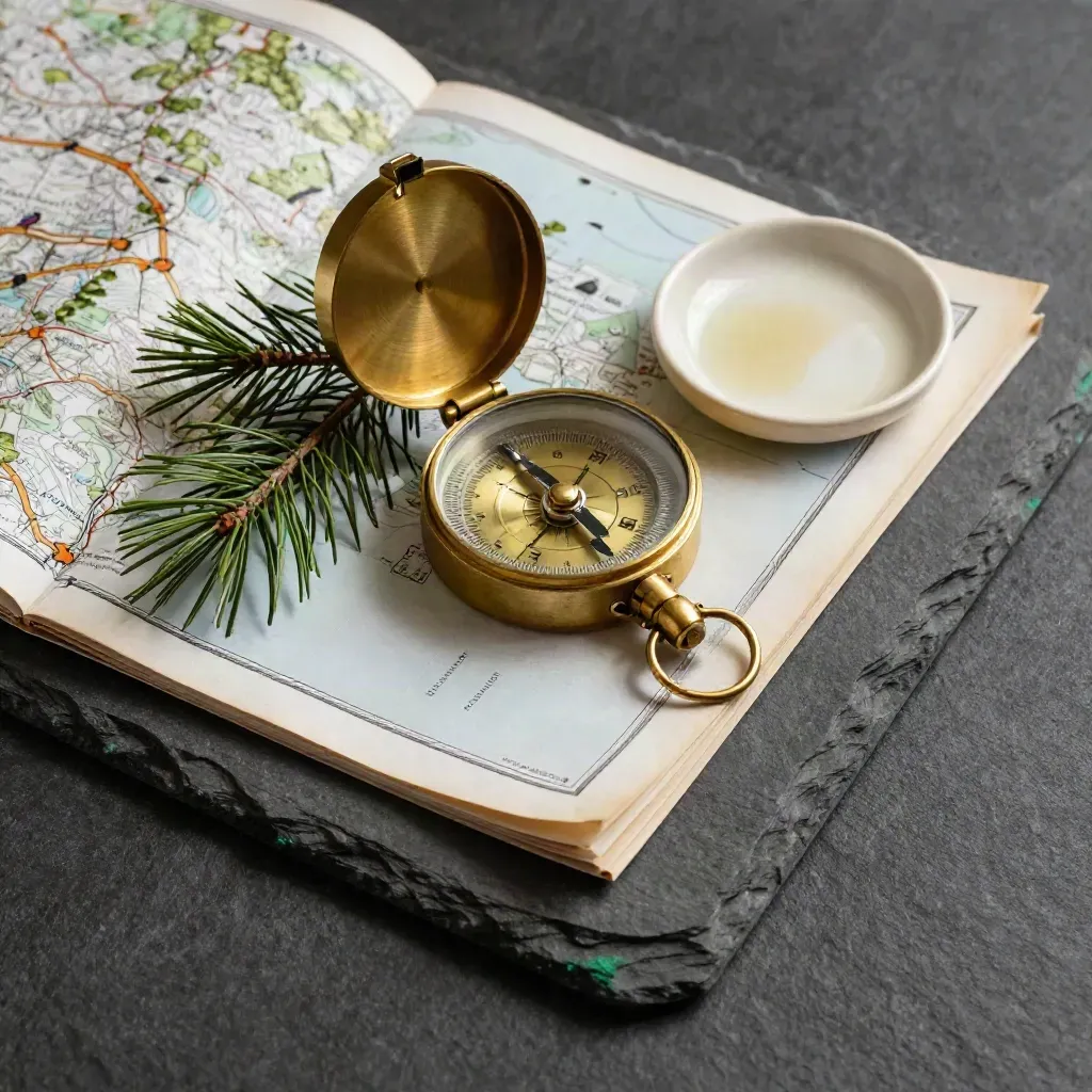 Brass compass on a folded road atlas with pine sprig and cream dish, overhead.