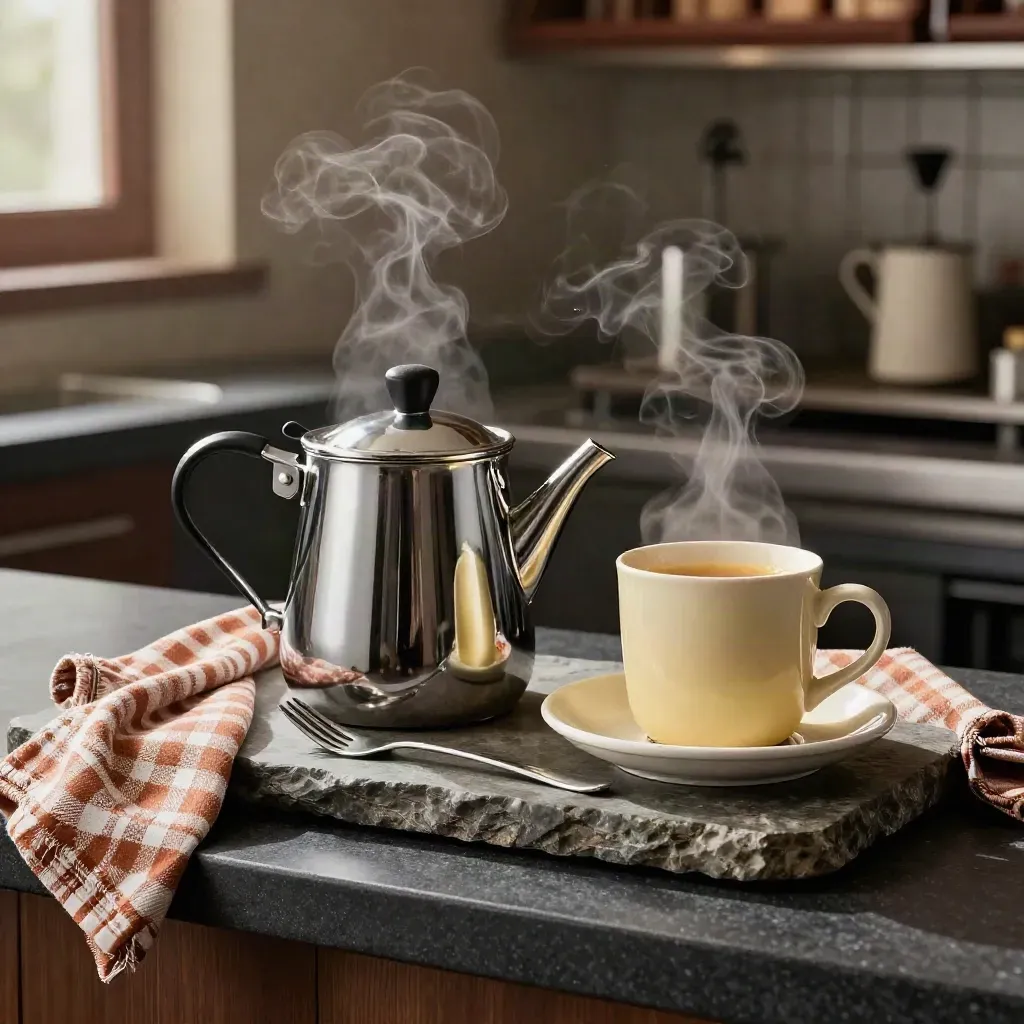 Chrome diner coffee pot with mug, saucer, pie fork and gingham napkin on stone, with rising steam.