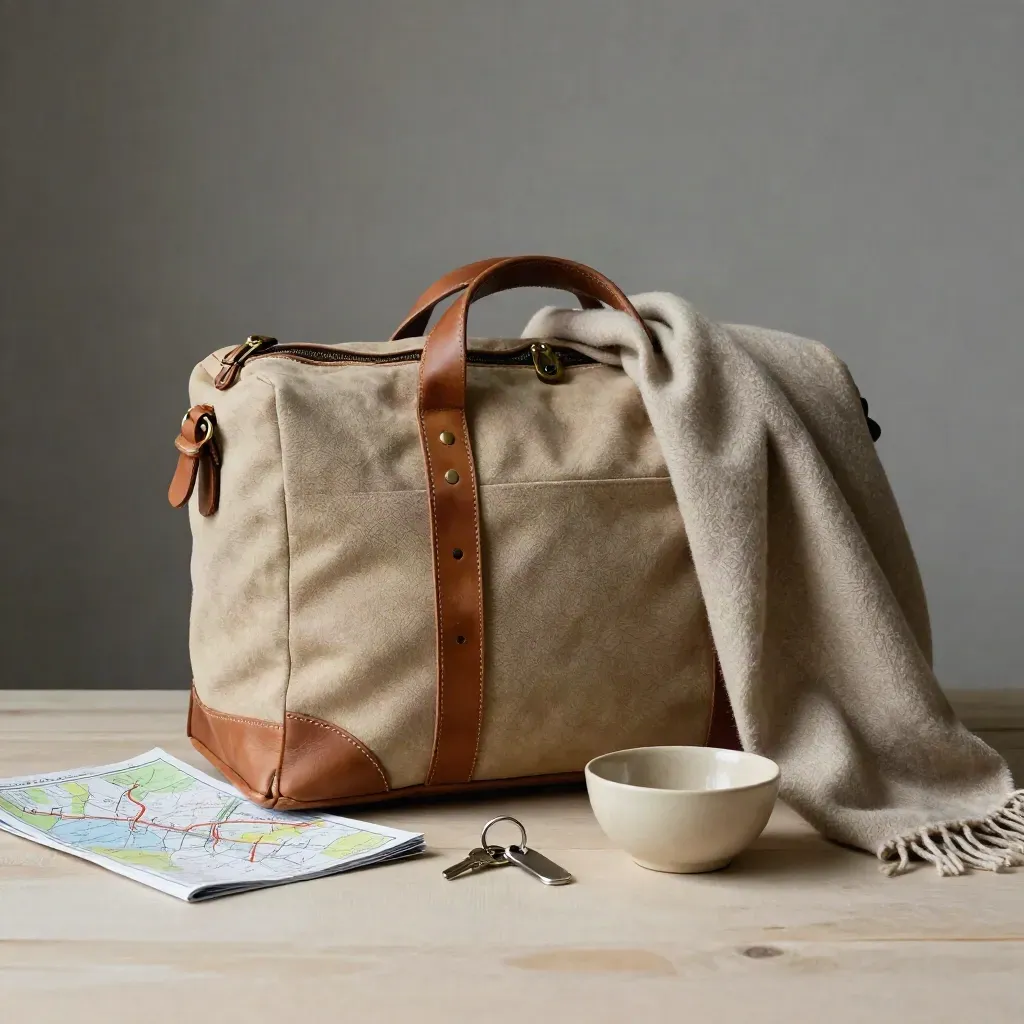 Waxed canvas overnight bag with scarf, bowl, and key ring on pale wood.