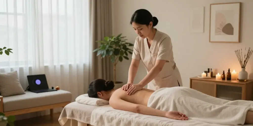 Relaxing 일산출장안마 session with a professional therapist in a soothing spa environment featuring candles and soft lighting.